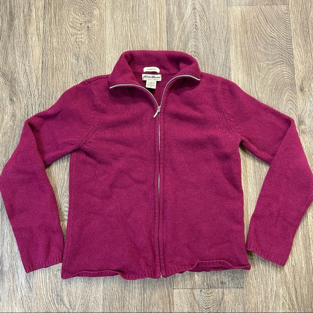 Vintage Eddie Bauer Magenta Pink Zip Up Lambs Wool Sweater Mock Neck Womens S